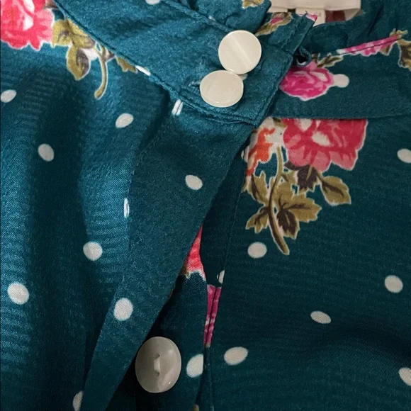 Anthropologie Teal Floral Blouse Pink Floral Print & Polka Dots Size Medium - Picture 5 of 10